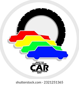 Several different colored car icons with a large tire and bold text in frame on white background to commemorate Collector Car Appreciation Day on July 14