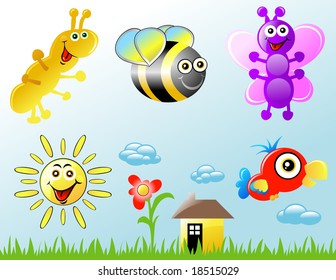 Several different fun, colorful carton animals to choose from. Characters include: caterpillar, bee, butterfly, sun and a parrot.