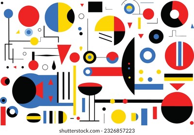 several different geometric abstract design elements, in the style of bold and vibrant primary colors, robotic motifs, bold patterns, minimalist illustrator, bauhaus, precisionist, white background