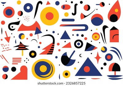 several different geometric abstract design elements, in the style of bold and vibrant primary colors, robotic motifs, bold patterns, minimalist illustrator, bauhaus, precisionist, white background