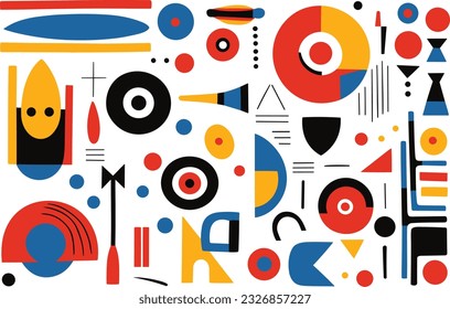 several different geometric abstract design elements, in the style of bold and vibrant primary colors, robotic motifs, bold patterns, minimalist illustrator, bauhaus, precisionist, white background