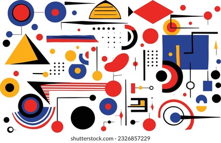 several different geometric abstract design elements, in the style of bold and vibrant primary colors, robotic motifs, bold patterns, minimalist illustrator, bauhaus, precisionist, white background