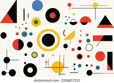 several different geometric abstract design elements, in the style of bold and vibrant primary colors, robotic motifs, bold patterns, minimalist illustrator, bauhaus, precisionist, white background