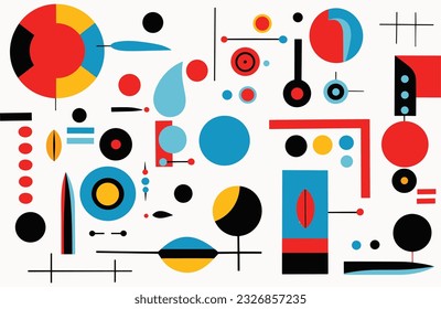 several different geometric abstract design elements, in the style of bold and vibrant primary colors, robotic motifs, bold patterns, minimalist illustrator, bauhaus, precisionist, white background