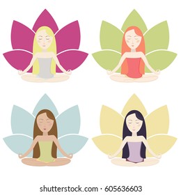 Several different girls sit and mediate near lotus flower in bright color and clothes. Vector cartoon illustration eps10  