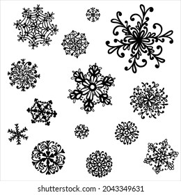 Varios tamaños y formas diferentes de copos de nieve sobre un fondo blanco. Ilustración del vector