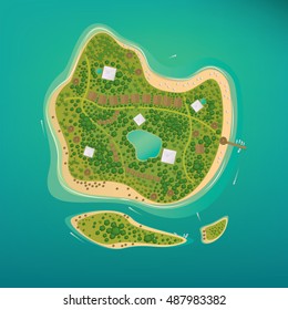 Several different sizes of tropical islands with beaches and houses in the open ocean. Around float boats. Aerial view. Vector illustration