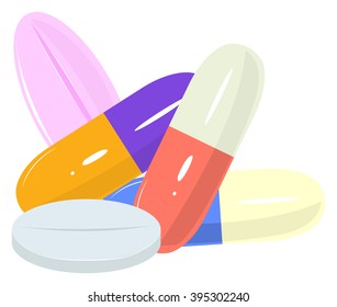 Several different tablets and pills. Vector illustration