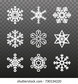Several Different Types of Snowflakes. Snowflakes of Different Shapes on a Transparent Background. Vector Illustration.