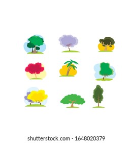 Several different types of trees. Colorful flowering trees. Trees landscape. Vector illustration. Flat design. On white background.