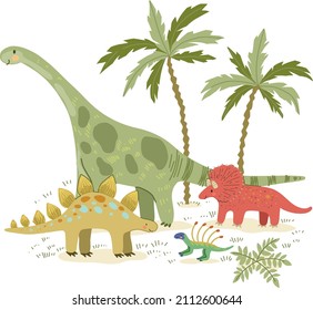 several dinosaurs with plants in the background