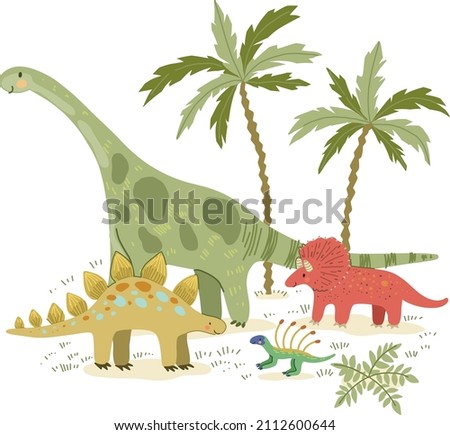 several dinosaurs with plants in the background