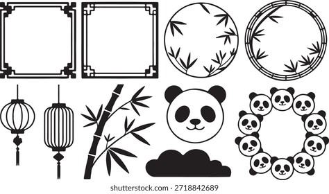 Several distinct black and white silhouette elements are visible, including bamboo stalks, panda faces, round and square frames, traditional lanterns, and cloud shapes against transparency.