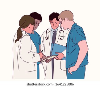 Several doctors hold medical charts in their hands   discuss them  Doctors various races  Doctors various races  hand drawn style vector design illustrations  