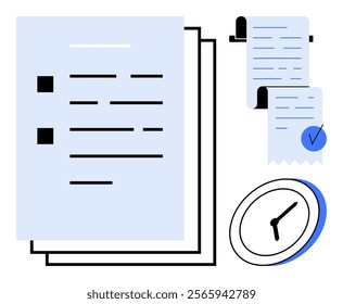 Several documents with bullet points, a clock, and a blue checkmarked receipt represent themes of organization, efficiency, and time management. Ideal for productivity, business planning, scheduling