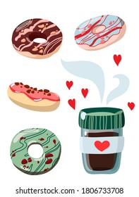 Several donuts with chocolate, nut crumbs and berry syrup in different positions. Side, top, three-quarter view. Vector illustration of bright sweet buns and coffee isolated on white background. 