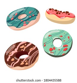 Several donuts in different positions. Side, top, three-quarter view. Vector illustration of bright sweet buns isolated on white background. Donuts with chocolate, nut crumbs and berry syrup.