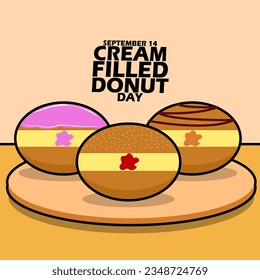 Several donuts filled with cream with various toppings on a wooden plate, with bold text on light brown background to celebrate National Cream Filled Donut Day on September 14