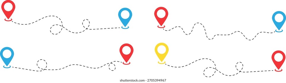 Vários caminhos de linha pontilhada conectam pinos de localização coloridos, ilustrando rotas e destinos em um fundo branco.