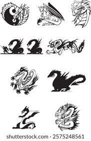 Several dragon art vectors in black