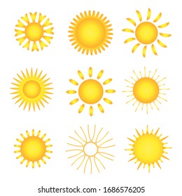 Several drawings of the yellow sun with rays of different shapes