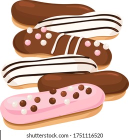 Several eclairs with chocolate, white and pink icing on a white background. Realistic vector drawing.