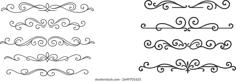 Several elegant decorative flourishes are displayed in different styles. These intricate designs can enhance invitations, menus, and various graphic art projects.