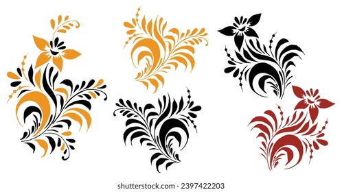 Several elements of patterns and ornaments in the Old Russian style. Vector sprigs of flowers and leaves. For cards, fabric, textiles, advertising, clothing, packaging.