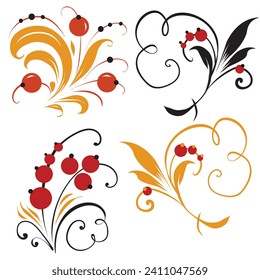 Several elements of patterns or ornaments in the old Russian style. Vector sprigs of flowers and leaves.