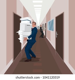 Several employees carry documents between cabinets. View of long corridor in office business center. Moving or Audit concept. Simplified realistic cartoon style. Vector illustration