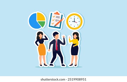 Several employees are discussing business management symbolized by a pie chart, job description board, clock, illustration of efficient office and business management for running operations smoothly