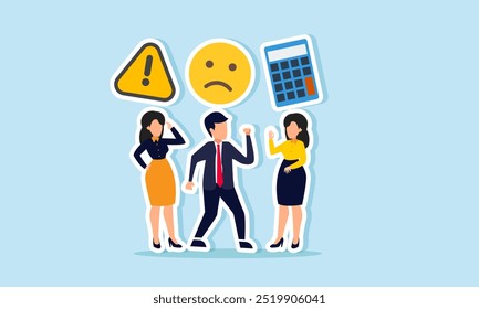 Several employees are discussing financial issues symbolized by warning signs, sad emoticons, and a calculator, illustration of the need for attention and calculations of the financial performance