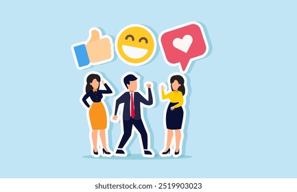 Several employees are gathered, discussing appreciation symbolized by thumbs up, hearts, and smiley emoticons, illustration of receiving recognition for their work or business efforts