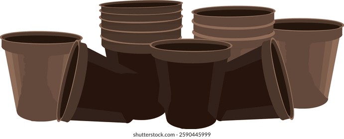 Several empty brown plastic flower pots laying on a white background, ready for planting