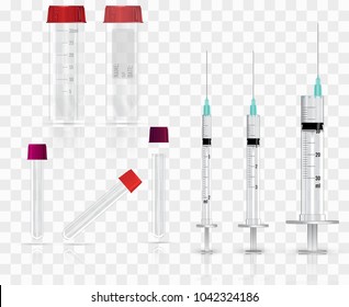 Several empty tubes for blood, syringes and Containers for general clinical analysis of urine