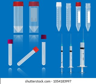 Several empty tubes for blood, syringes and Containers for general clinical analysis of urine
