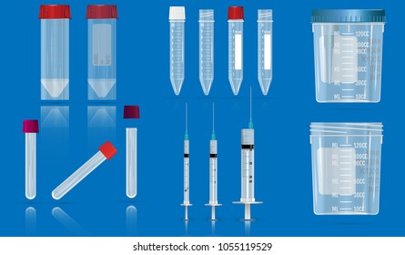 Several empty tubes for blood, vacuum container, syringes and Containers for general clinical analysis of urine