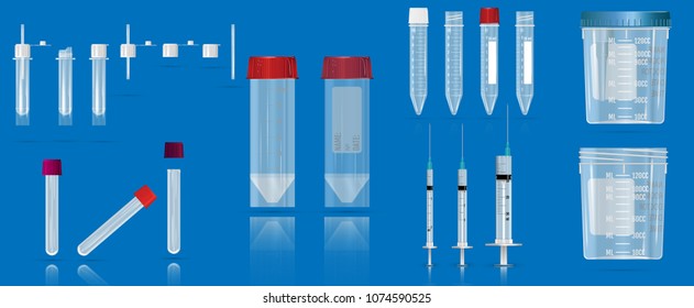 Several empty tubes for blood, vacuum container, syringes and Containers for general clinical analysis of urine