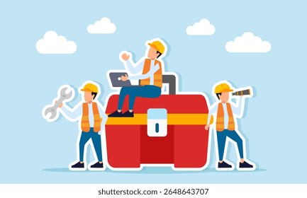 Vários engenheiros ao redor de uma caixa de ferramentas, um usando um escopo, um segurando uma chave inglesa e outro com uma ilustração de laptop da preparação do equipamento para a conclusão do projeto de construção