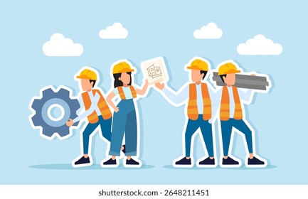 Several engineers gathered some discussing project paperwork others carrying gear and lifting metal stacks illustration of coordination and preparation check for project readiness