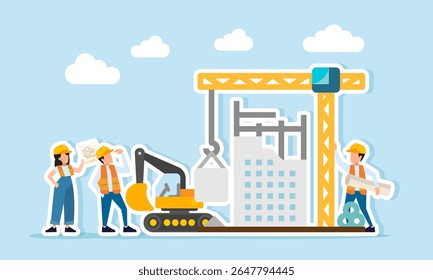 Several engineers inspecting a building construction project and heavy equipment usage illustration of monitoring and reviewing project completion
