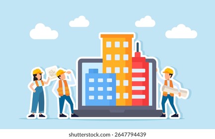 Several engineers observing and discussing near a laptop displaying buildings illustration of studying and analyzing building construction plans