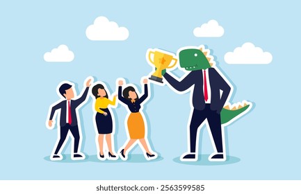 Several entrepreneurs celebrating a trophy held by a monster-like businessman, illustration of celebrating the success of an underestimated business partner