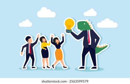 Several entrepreneurs competing for a lamp held by a monster-like businessman, illustration of vying for ideas and innovations from underestimated business partners