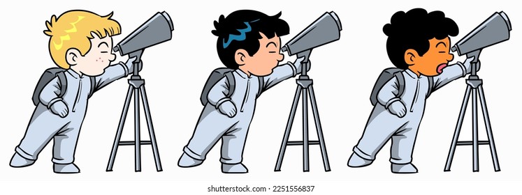 
several ethnic European, Asian and African children wearing astronaut outfits and observing the stars
