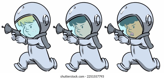 
several European, Asian and African ethnic children wearing astronaut clothing and were shooting at the enemy