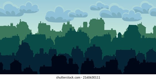 Several evening streets. Small city houses residential quarters. Cityscape with buildings. Housing silhouettes. Horizontal seamless composition. Vector.