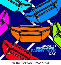 Several fanny packs with different colors and bold text on dark blue background to celebrate International Fanny Pack Day on March 11