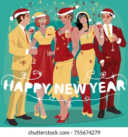 Several fashionable young men and women, in red Santa hats and yellow suits are celebrating New Year holiday. Lettering Happy New Year. Simplistic realistic art style. Vector illustration