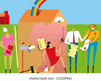 Several figures performing various repairs and negotiations in and around a home